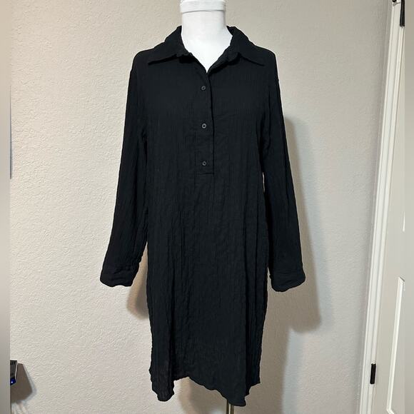 NWT black H&M long sleeve button shirt dress flowy lightweight cotton gauze - Picture 2 of 5